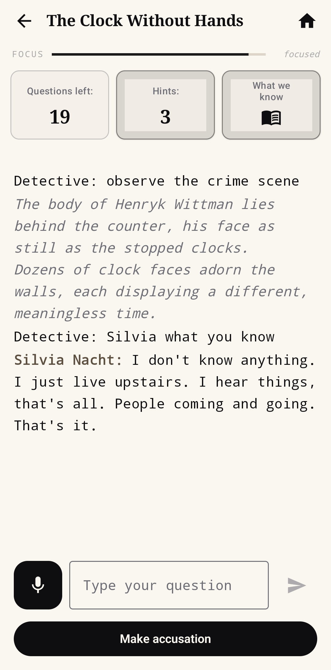 Interrogation and scene examination in The Last Word